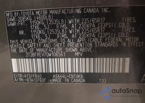 2013 Toyota Rav4 Le from USA, damaged, VIN 2T3BFREV7DW106561